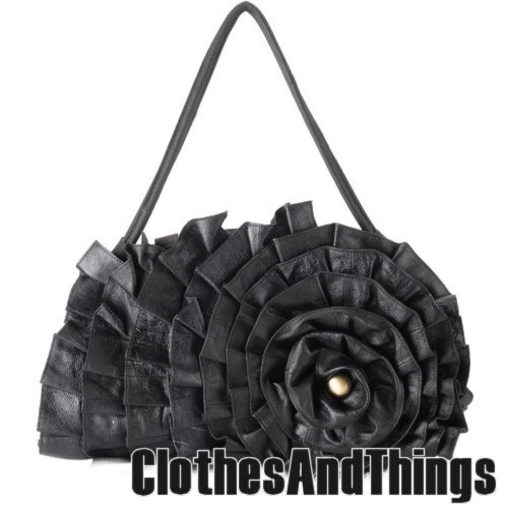 Genuine Black Leather 3-Dimensional Floral Handbag - NEW